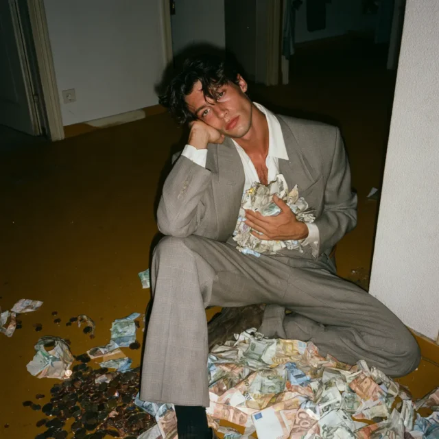 Jeune homme en costume gris assis par terre, serrant des billets froissés, entouré de pièces et de billets en euros