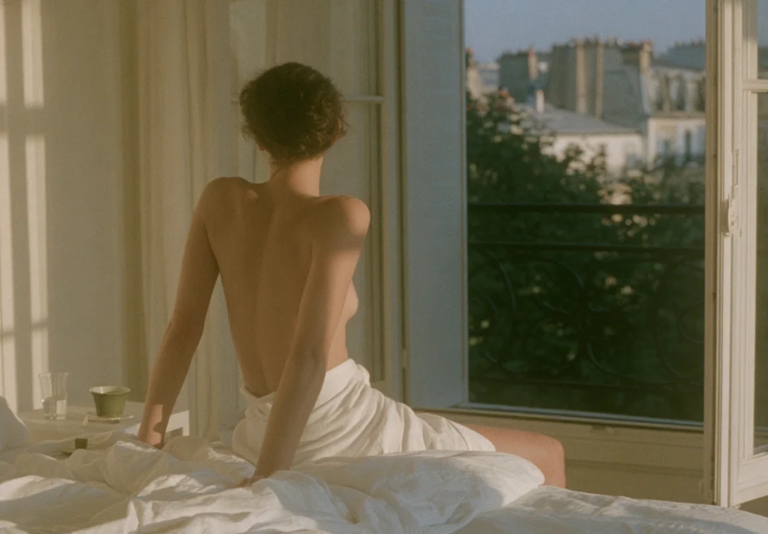 Femme assise de dos sur son lit, face à la fenêtre, au réveil