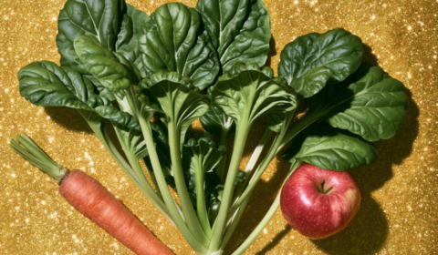 Légumes verts, carotte et pomme sur fond doré pour illustrer une alimentation microbiote friendly.