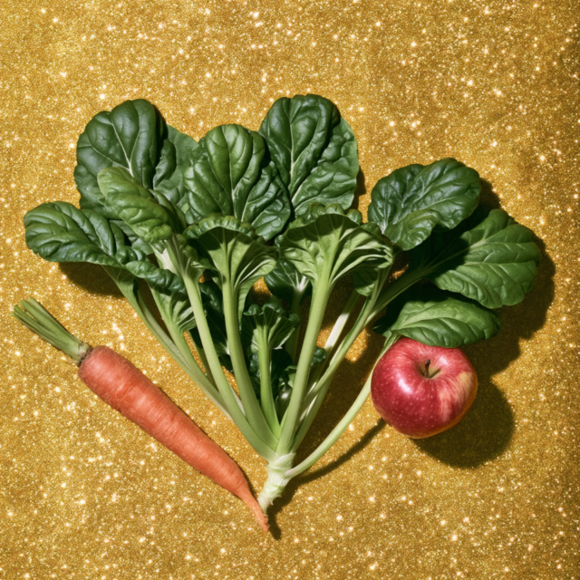 Légumes verts, carotte et pomme sur fond doré pour illustrer une alimentation microbiote friendly.