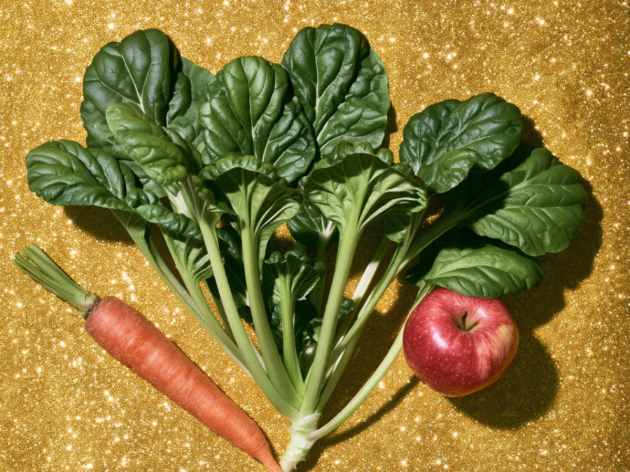 Légumes verts, carotte et pomme sur fond doré pour illustrer une alimentation microbiote friendly.