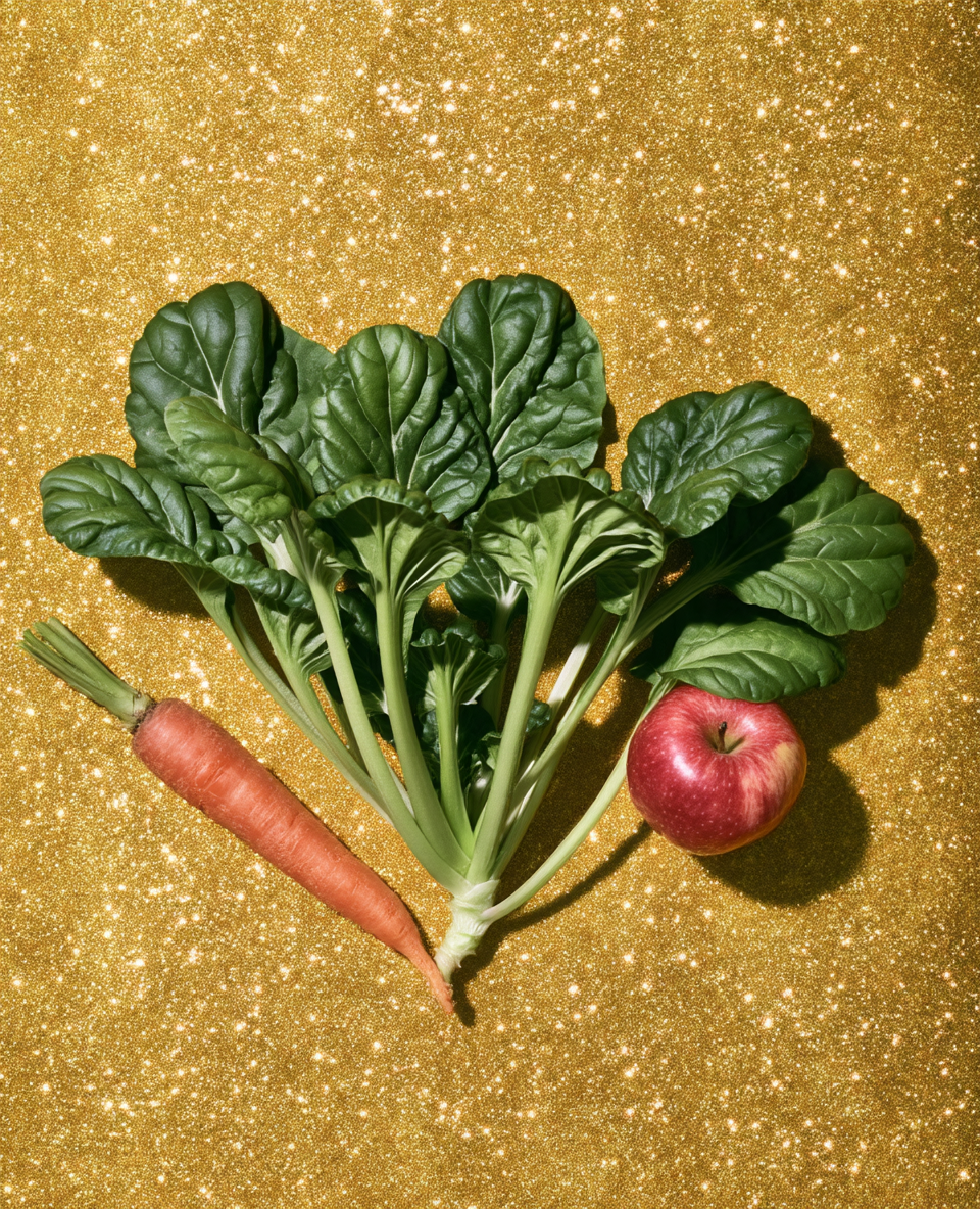 Légumes verts, carotte et pomme sur fond doré pour illustrer une alimentation microbiote friendly.